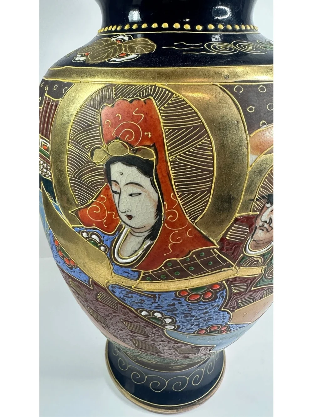 Vintage Japanese Satsuma Moriage Gold Gilt Vase Geisha 12” Hand Painted